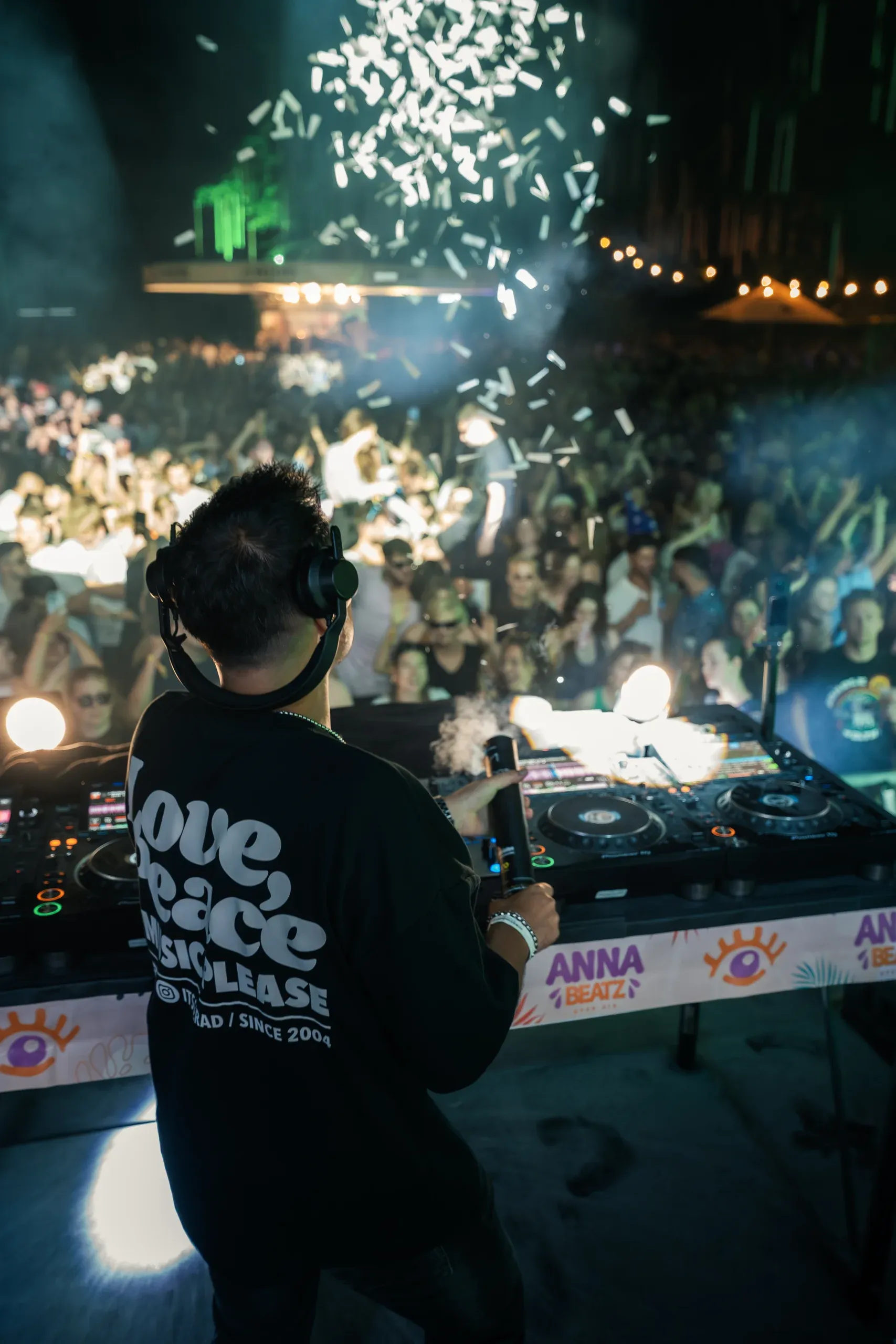 Blick über die Schulter des DJs auf die feiernde Menge beim Anna Beatz Festival